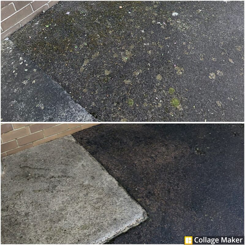 Two photos: a mossy asphalt surface, and clean asphalt beside a concrete slab