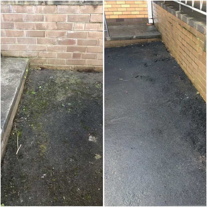 Side-by-side photos of a mossy asphalt path beside a brick wall, then the same path clean